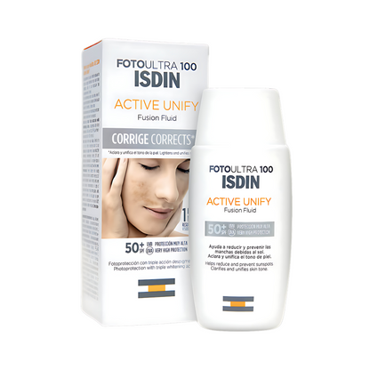 ISDIN FOTOULTRA 100 -ACTIVE UNIFY FUSION FLUID CORRECTS- Photoprotection with triple whitening action (SPF 50+)